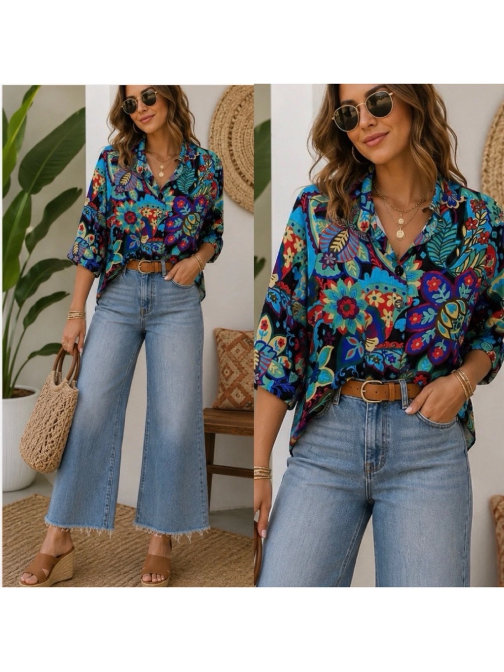 Ali Miles Button Front Blouse Sz Petite Large Colorful 3/4 Sleeve Top Jacket PL